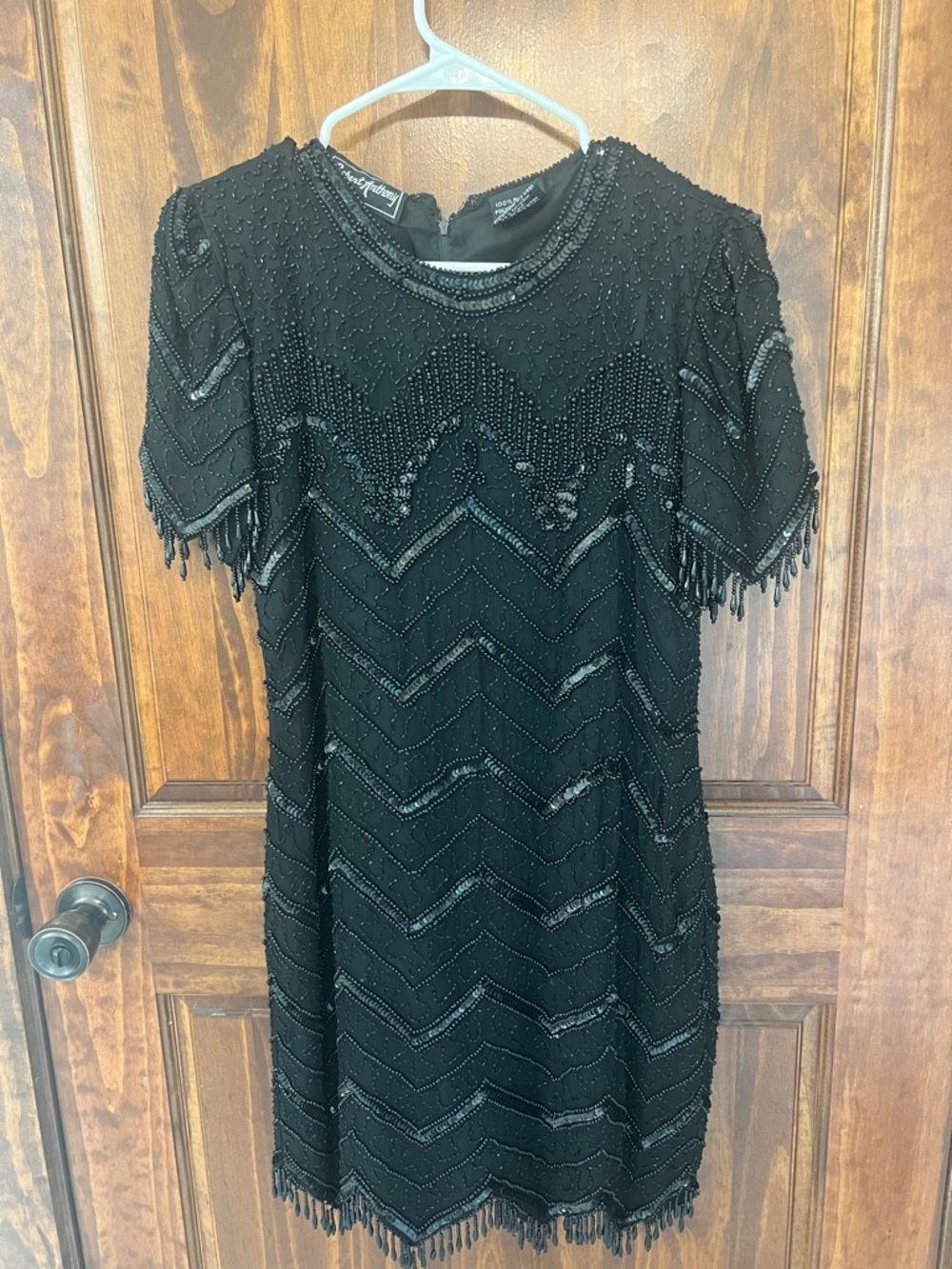 Black Beaded Short Sleeve Mini Dress